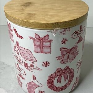 Grace Teaware Christmas Cookie Jar Pink Bow, Wreath, Snowman Ceramic wood Lid 5”